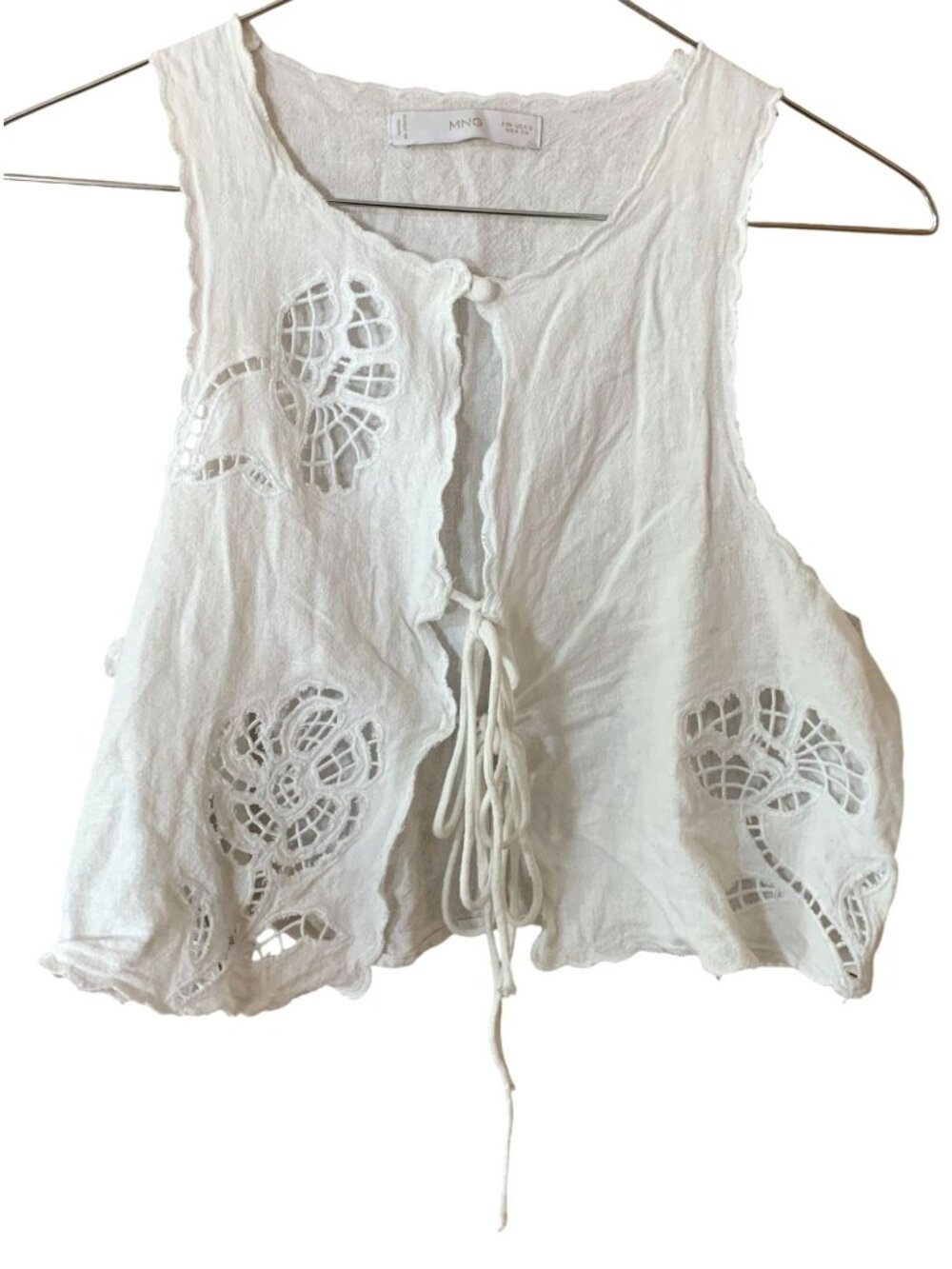 MNG Mango Womens S White Linen Blend Embroidered Cutwork Tie Front Vest Boho